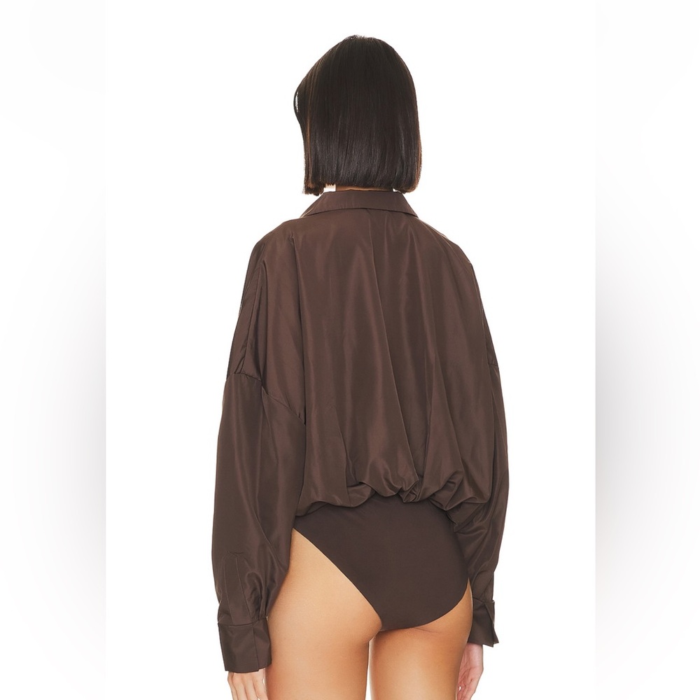 Norma Kamali Deep V Balloon Sleeve Blouse in Chocolate Brown - Picture 6 of 15